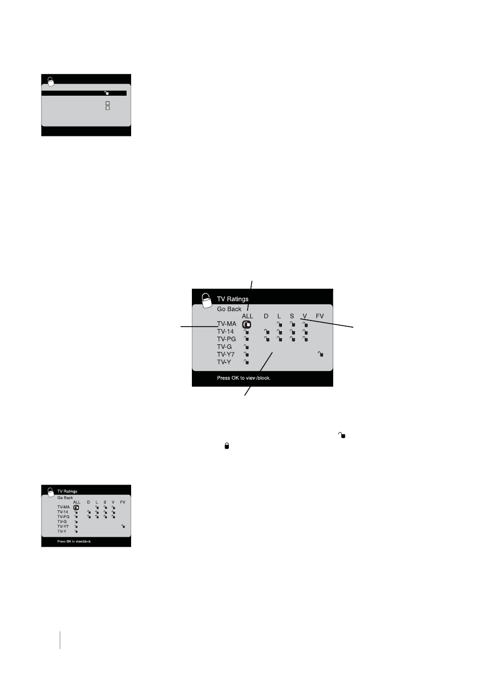 Lock/unlock parental controls, The v-chip rating screen, Us v-chip tv ratings blocking age-based ratings | RCA L32HD36 User Manual | Page 36 / 52