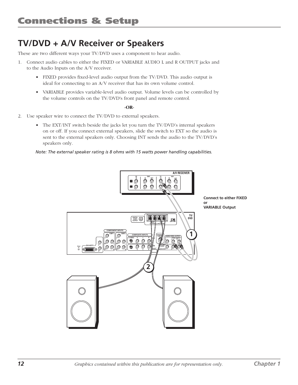 Tv/dvd + a/v receiver or speakers, Connections & setup, 12 chapter 1 | Chapter 1 13, Connect to either fixed or variable output | RCA Scenium D61W136DB User Manual | Page 14 / 64