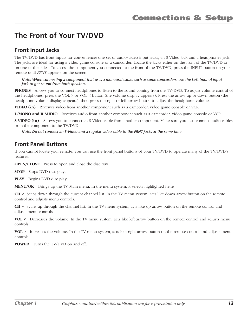 The front of your tv/dvd, Connections & setup, Front input jacks | Front panel buttons | RCA Scenium D61W136DB User Manual | Page 15 / 64