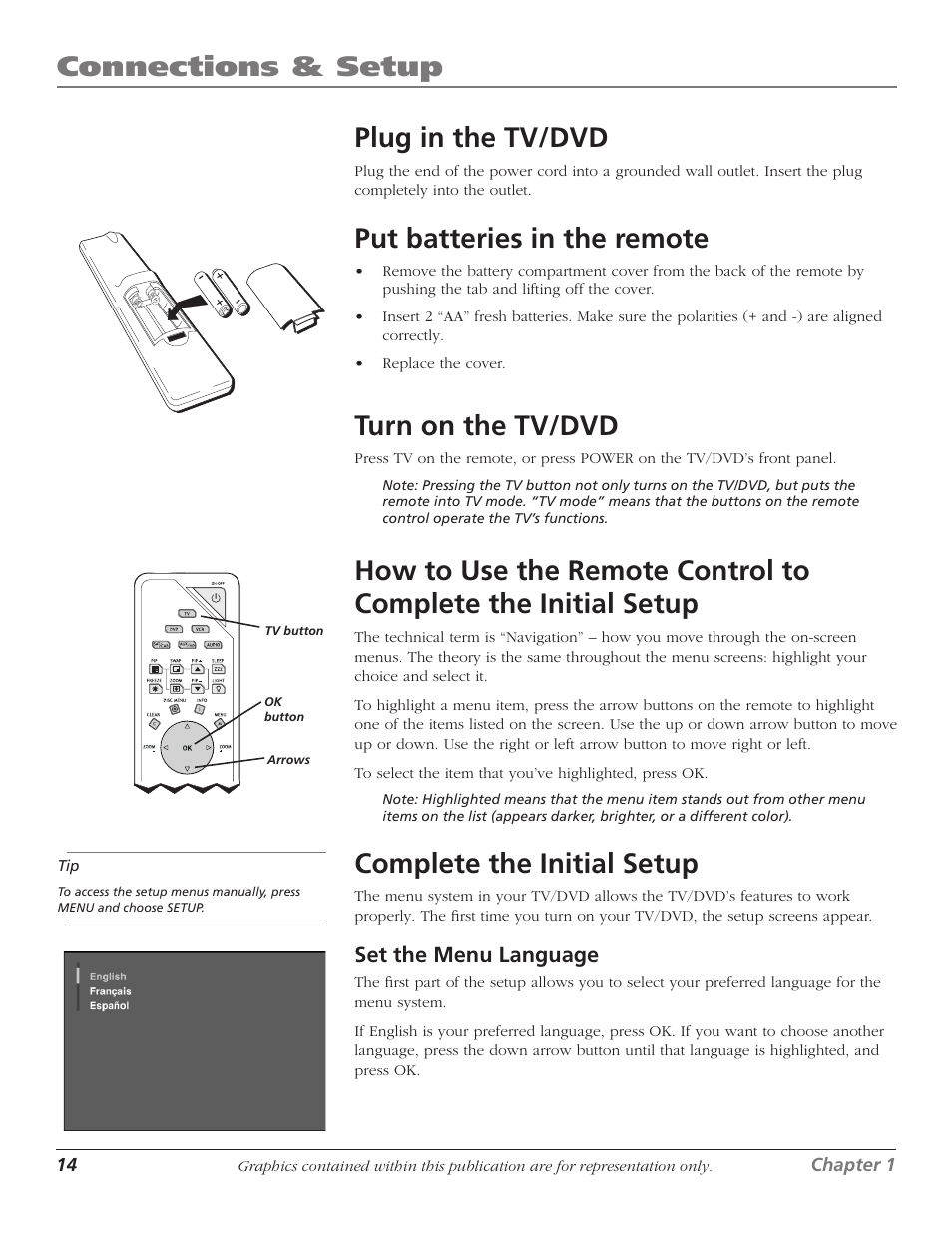 Plug in the tv/dvd, Put batteries in the remote, Turn on the tv/dvd | Complete the initial setup, 14 put batteries in the remote, 14 turn on the tv/dvd, 14 complete the initial setup, Connections & setup | RCA Scenium D61W136DB User Manual | Page 16 / 64
