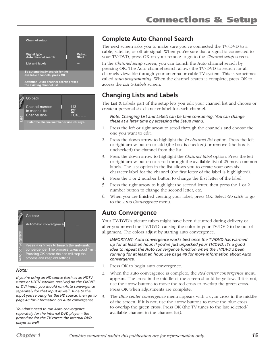 Connections & setup, Complete auto channel search, Changing lists and labels | Auto convergence | RCA Scenium D61W136DB User Manual | Page 17 / 64