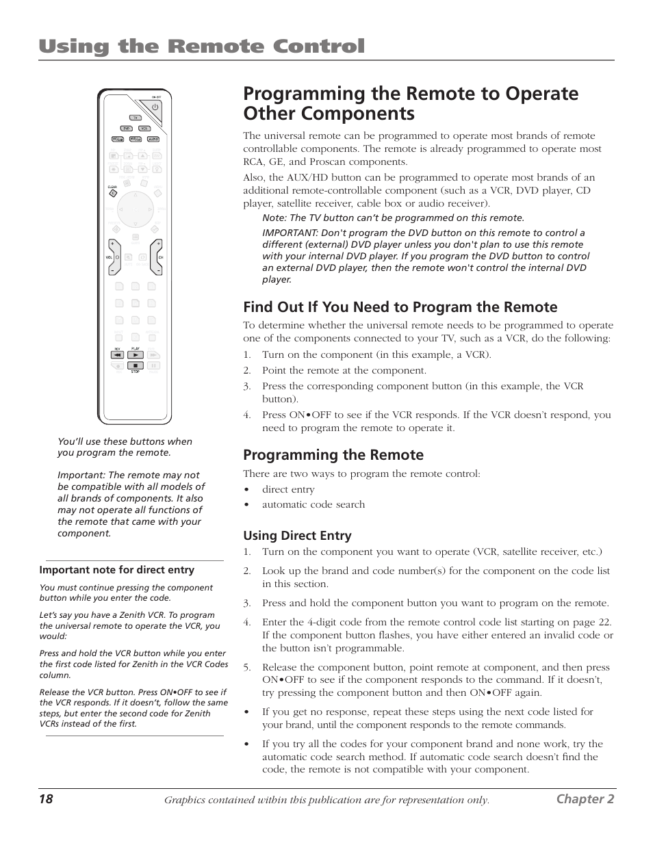 Programming the remote, Using the remote control, Programming the remote to operate other components | Find out if you need to program the remote | RCA Scenium D61W136DB User Manual | Page 20 / 64