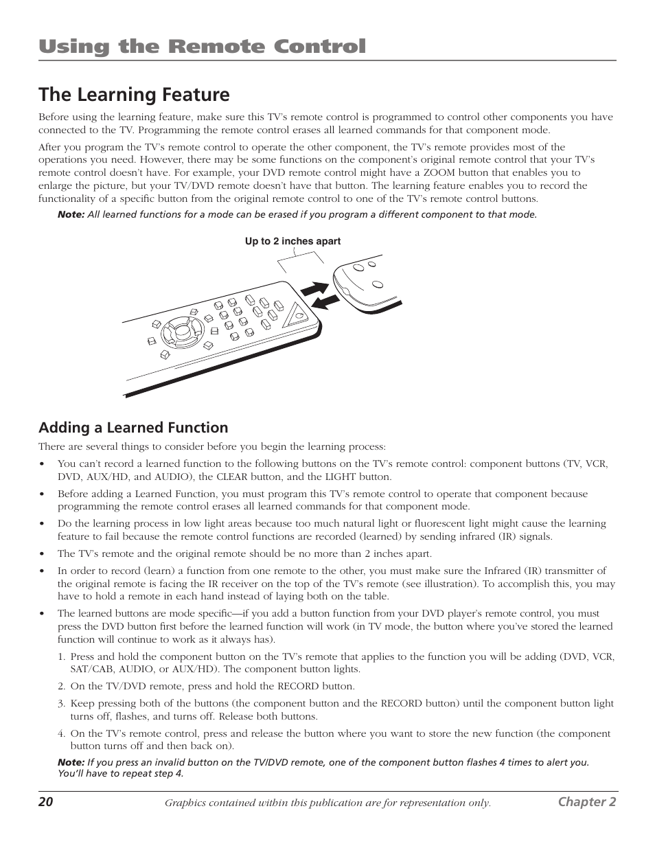 The learning feature, Using the remote control, Adding a learned function | RCA Scenium D61W136DB User Manual | Page 22 / 64