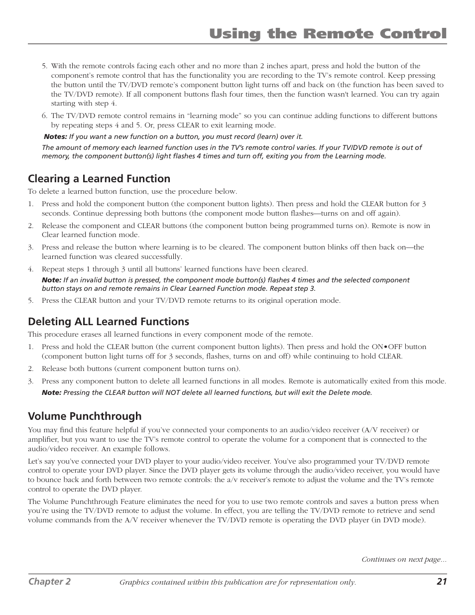 Volume punchthrough, Using the remote control, Clearing a learned function | Deleting all learned functions | RCA Scenium D61W136DB User Manual | Page 23 / 64