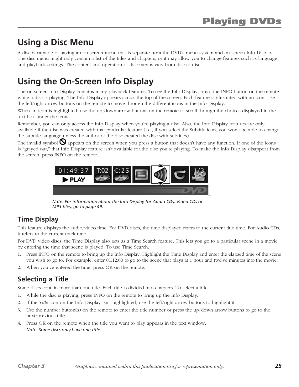 Using a disc menu, Using the on-screen info display, 25 using the on-screen info display | Playing dvds, Playing dvds using a disc menu | RCA Scenium D61W136DB User Manual | Page 27 / 64