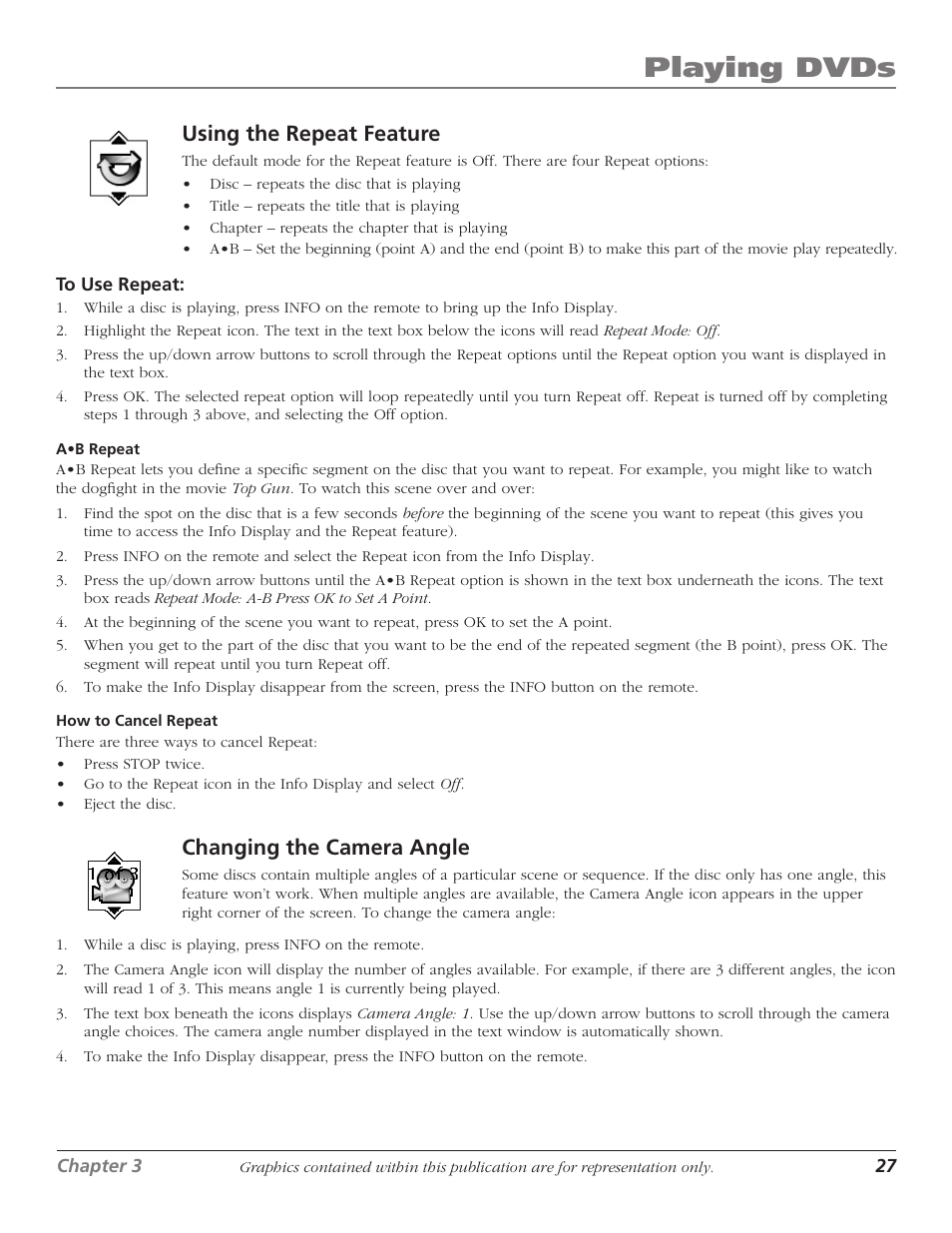 Playing dvds, Using the repeat feature, Changing the camera angle | RCA Scenium D61W136DB User Manual | Page 29 / 64