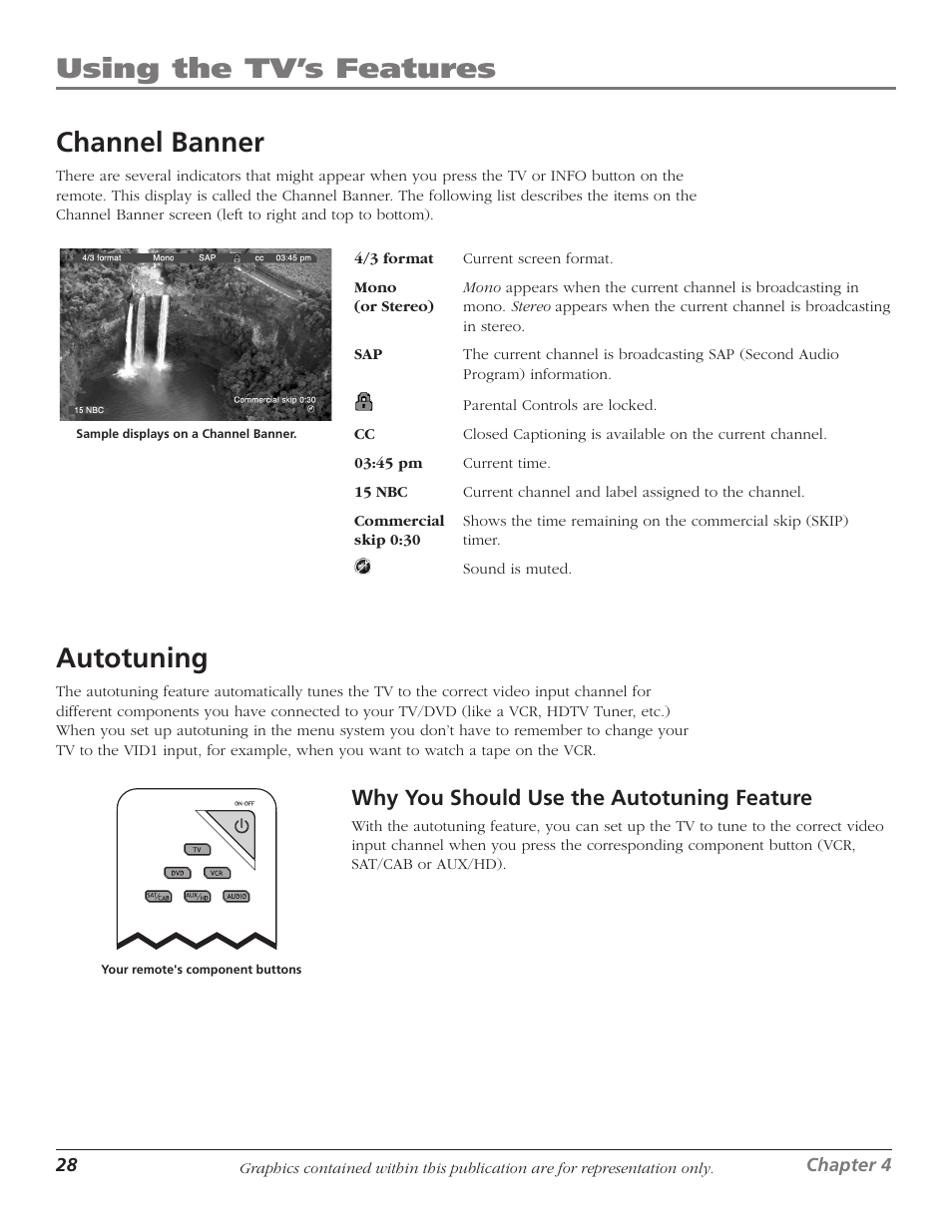 Channel banner, Autotuning, 28 autotuning | Using the tv’s features, Why you should use the autotuning feature | RCA Scenium D61W136DB User Manual | Page 30 / 64