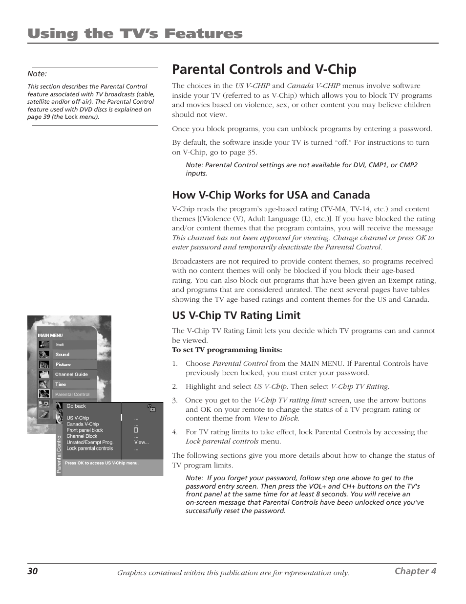 Parental controls and v-chip, Using the tv’s features, How v-chip works for usa and canada | Us v-chip tv rating limit | RCA Scenium D61W136DB User Manual | Page 32 / 64