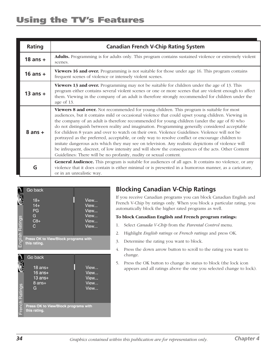 Using the tv’s features, Blocking canadian v-chip ratings | RCA Scenium D61W136DB User Manual | Page 36 / 64