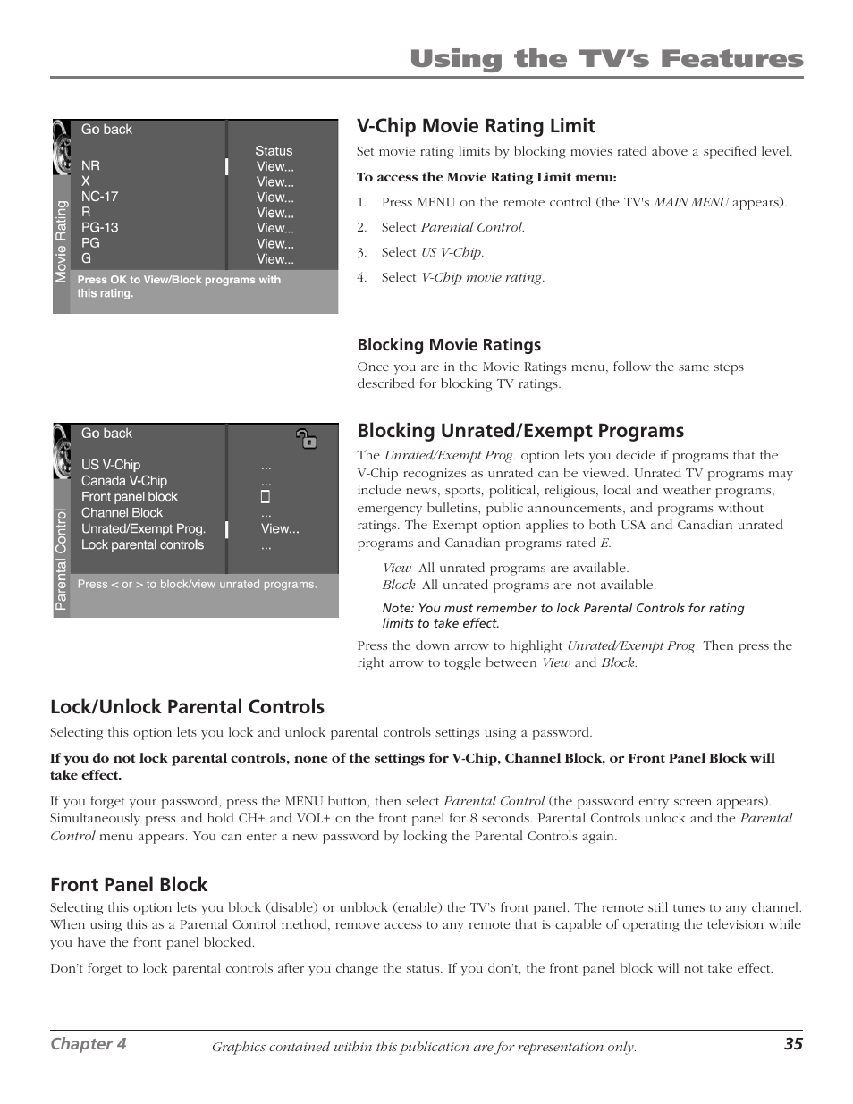 Using the tv’s features, V-chip movie rating limit, Blocking unrated/exempt programs | Lock/unlock parental controls, Front panel block | RCA Scenium D61W136DB User Manual | Page 37 / 64