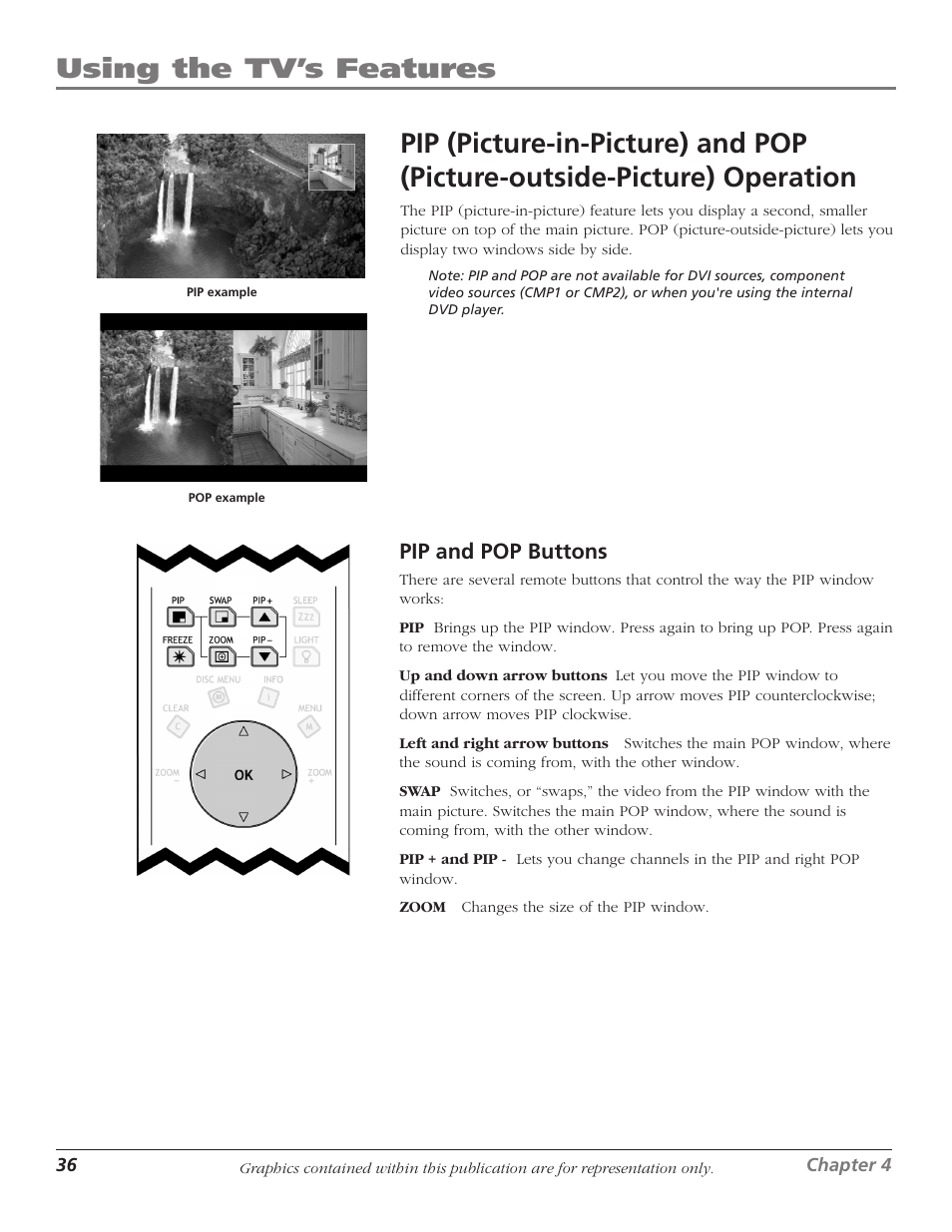 Using the tv’s features, Pip and pop buttons | RCA Scenium D61W136DB User Manual | Page 38 / 64