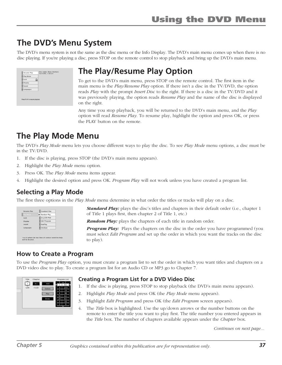 The dvd’s menu system, The play/resume play option, The play mode menu | 37 the play/resume play option, 37 the play mode menu, Using the dvd menu | RCA Scenium D61W136DB User Manual | Page 39 / 64