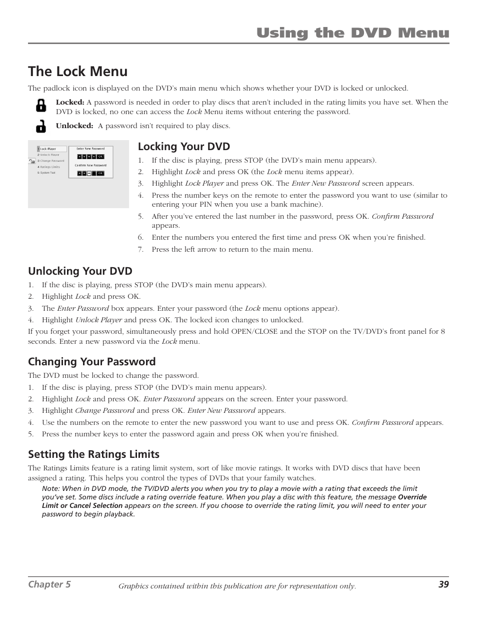 The lock menu, Using the dvd menu | RCA Scenium D61W136DB User Manual | Page 41 / 64