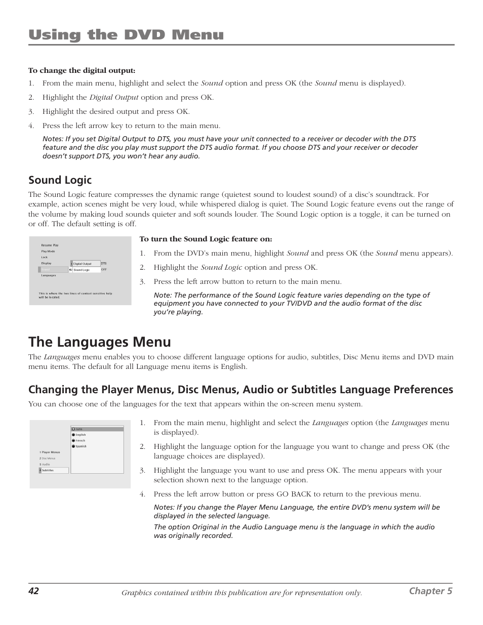 The languages menu, Using the dvd menu, Sound logic | RCA Scenium D61W136DB User Manual | Page 44 / 64