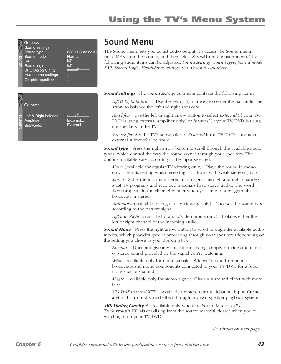 Sound menu, Using the tv’s menu system sound menu | RCA Scenium D61W136DB User Manual | Page 45 / 64