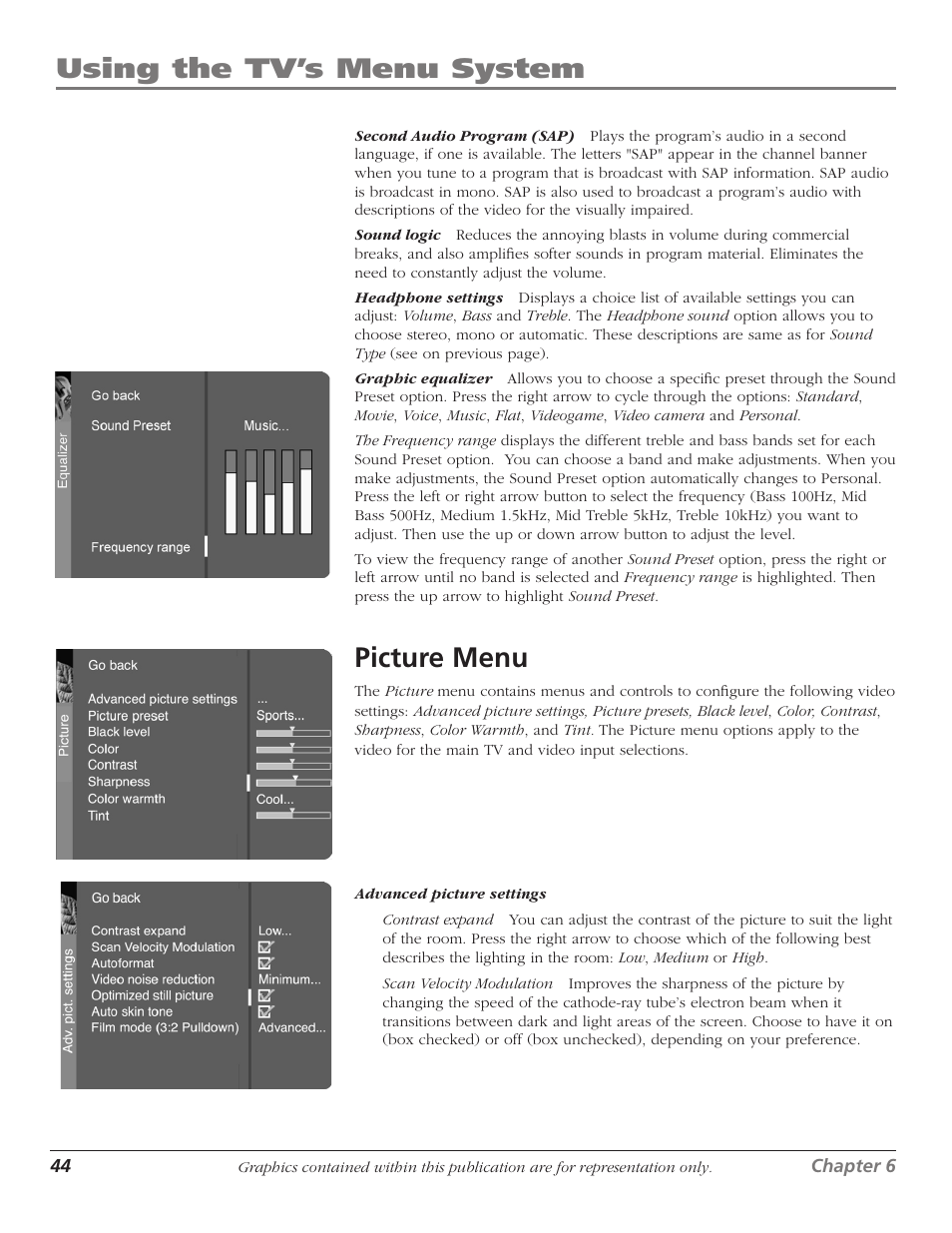 Picture menu, Using the tv’s menu system | RCA Scenium D61W136DB User Manual | Page 46 / 64