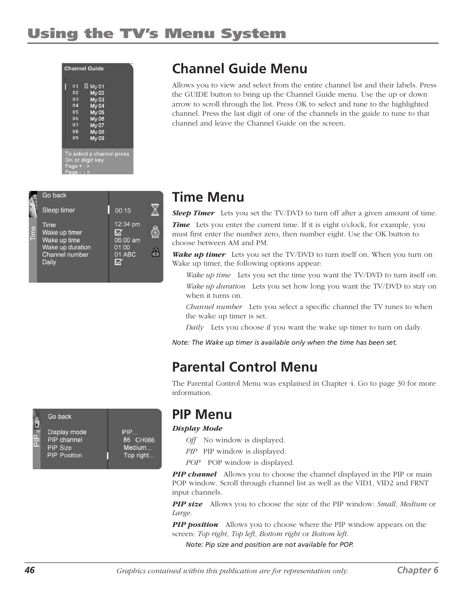 Channel guide menu, Time menu, Parental control menu | Pip menu, 46 time menu, 46 parental control menu, 46 pip menu, Using the tv’s menu system, Using the tv’s menu system channel guide menu | RCA Scenium D61W136DB User Manual | Page 48 / 64