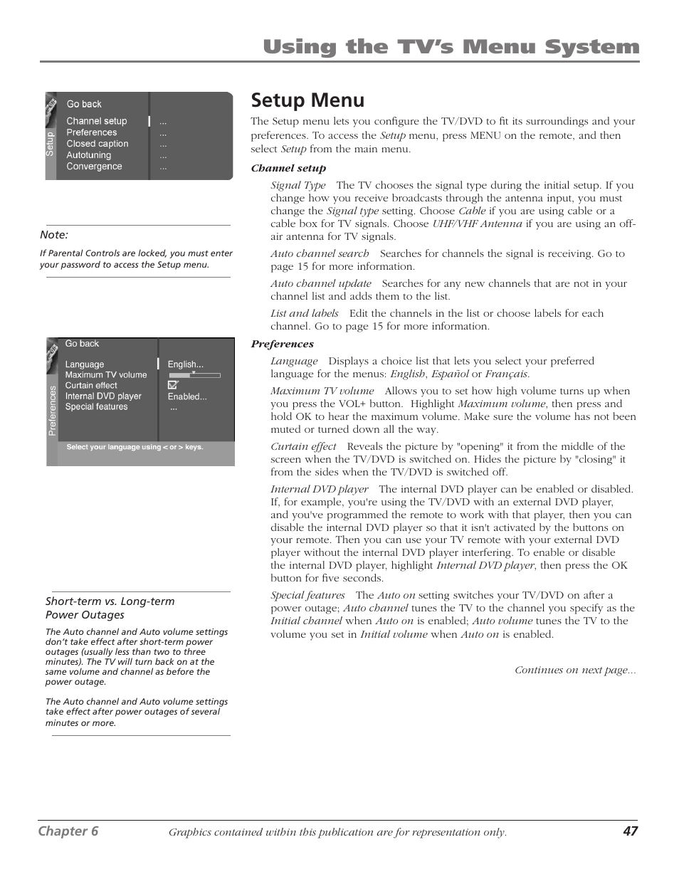 Setup menu, Using the tv’s menu system, Using the tv’s menu system setup menu | RCA Scenium D61W136DB User Manual | Page 49 / 64