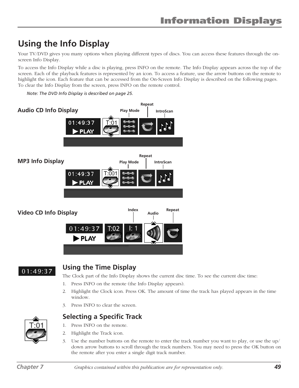 Using the info display, Using the time display, Selecting a specific track | 49 selecting a specific track, Information displays using the info display | RCA Scenium D61W136DB User Manual | Page 51 / 64