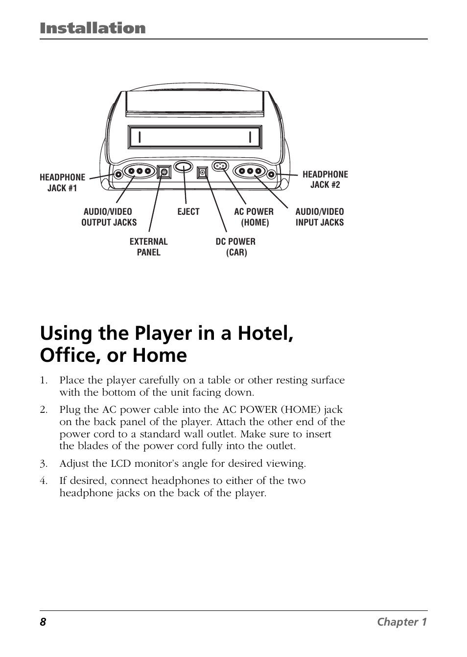 Using the player in a hotel, office, or home, Installation | RCA Mobile Video Cassette Player User Manual | Page 10 / 24