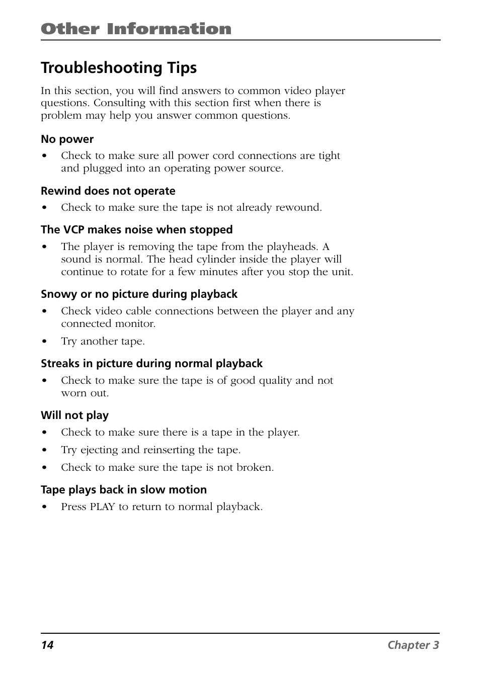 Other information, Troubleshooting tips | RCA Mobile Video Cassette Player User Manual | Page 16 / 24