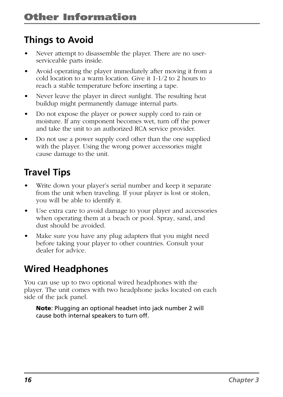 Other information, Things to avoid, Travel tips | Wired headphones | RCA Mobile Video Cassette Player User Manual | Page 18 / 24