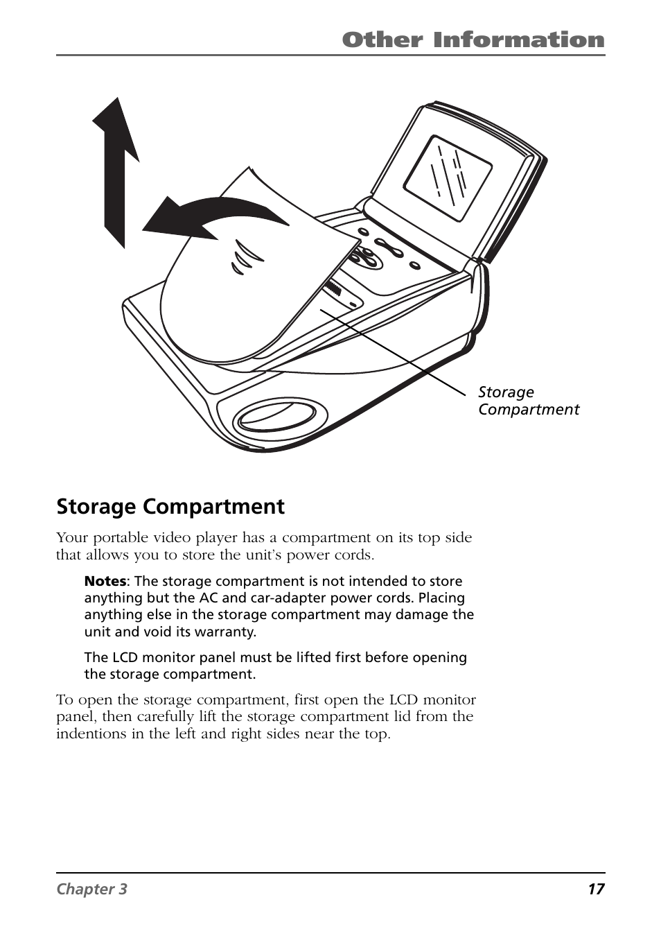 Other information, Storage compartment | RCA Mobile Video Cassette Player User Manual | Page 19 / 24