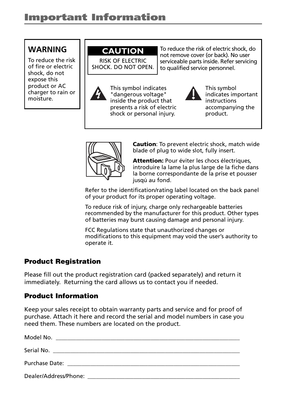 Important information, Warning, Caution | RCA Mobile Video Cassette Player User Manual | Page 2 / 24