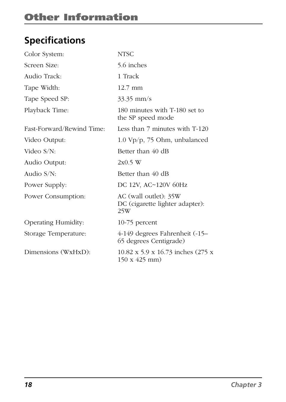 Other information, Specifications | RCA Mobile Video Cassette Player User Manual | Page 20 / 24