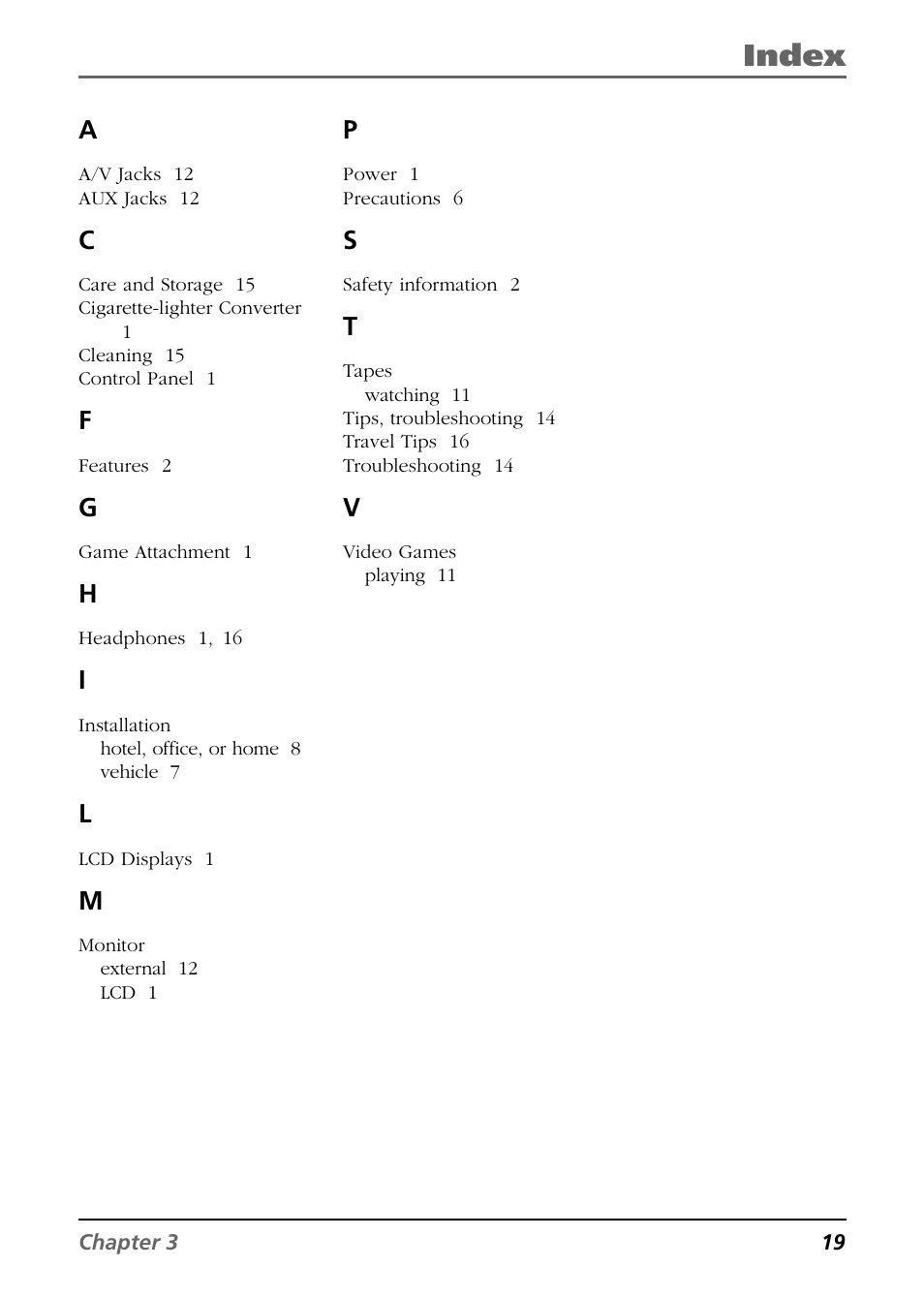 Index | RCA Mobile Video Cassette Player User Manual | Page 21 / 24