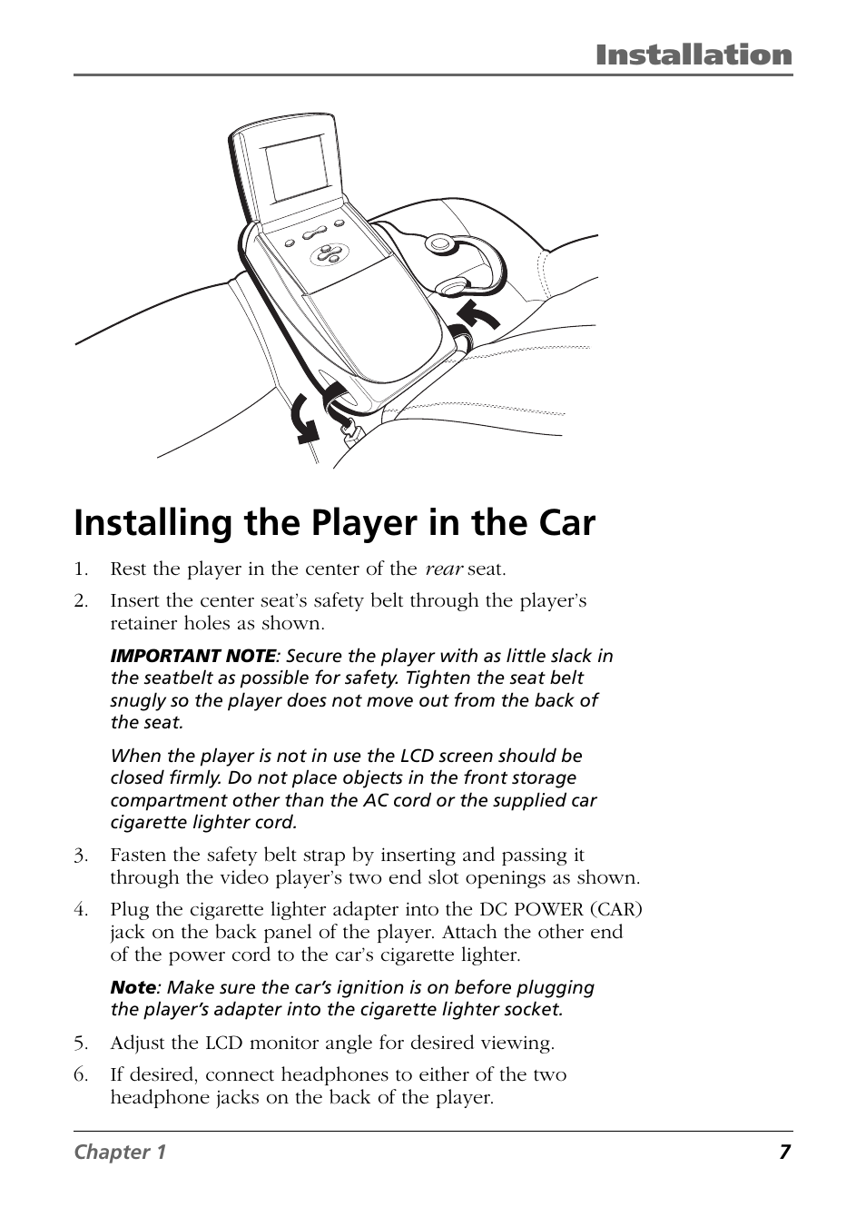 Installing the player in the car, Installation | RCA Mobile Video Cassette Player User Manual | Page 9 / 24