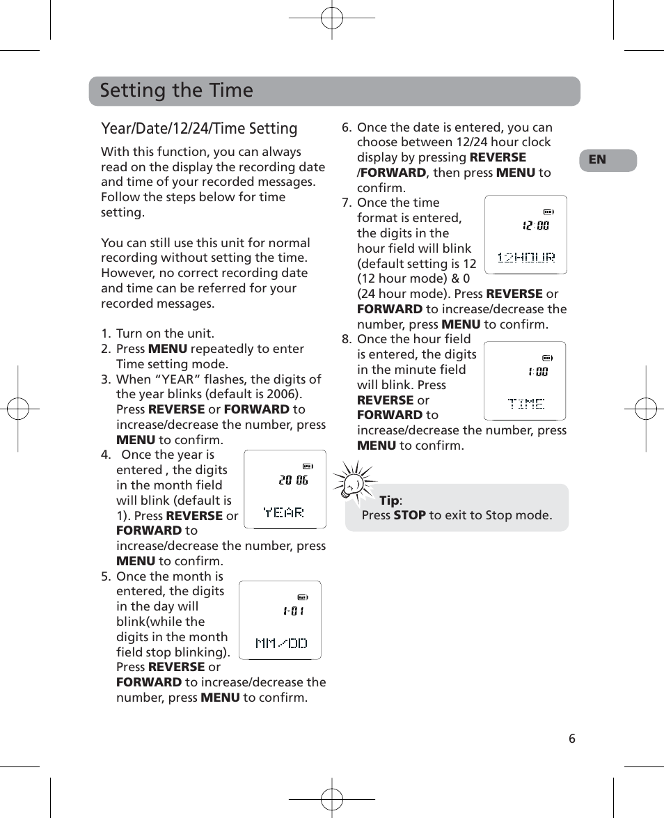 Setting the time, Year/date/12/24/time setting | RCA 5629403B User Manual | Page 10 / 25