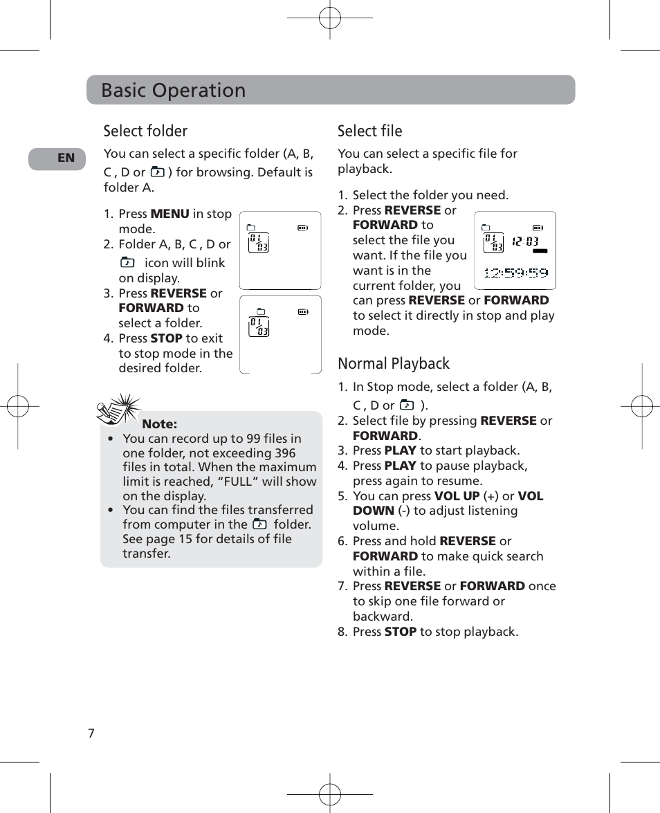 Basic operation, Select folder, Select file | Normal playback | RCA 5629403B User Manual | Page 11 / 25