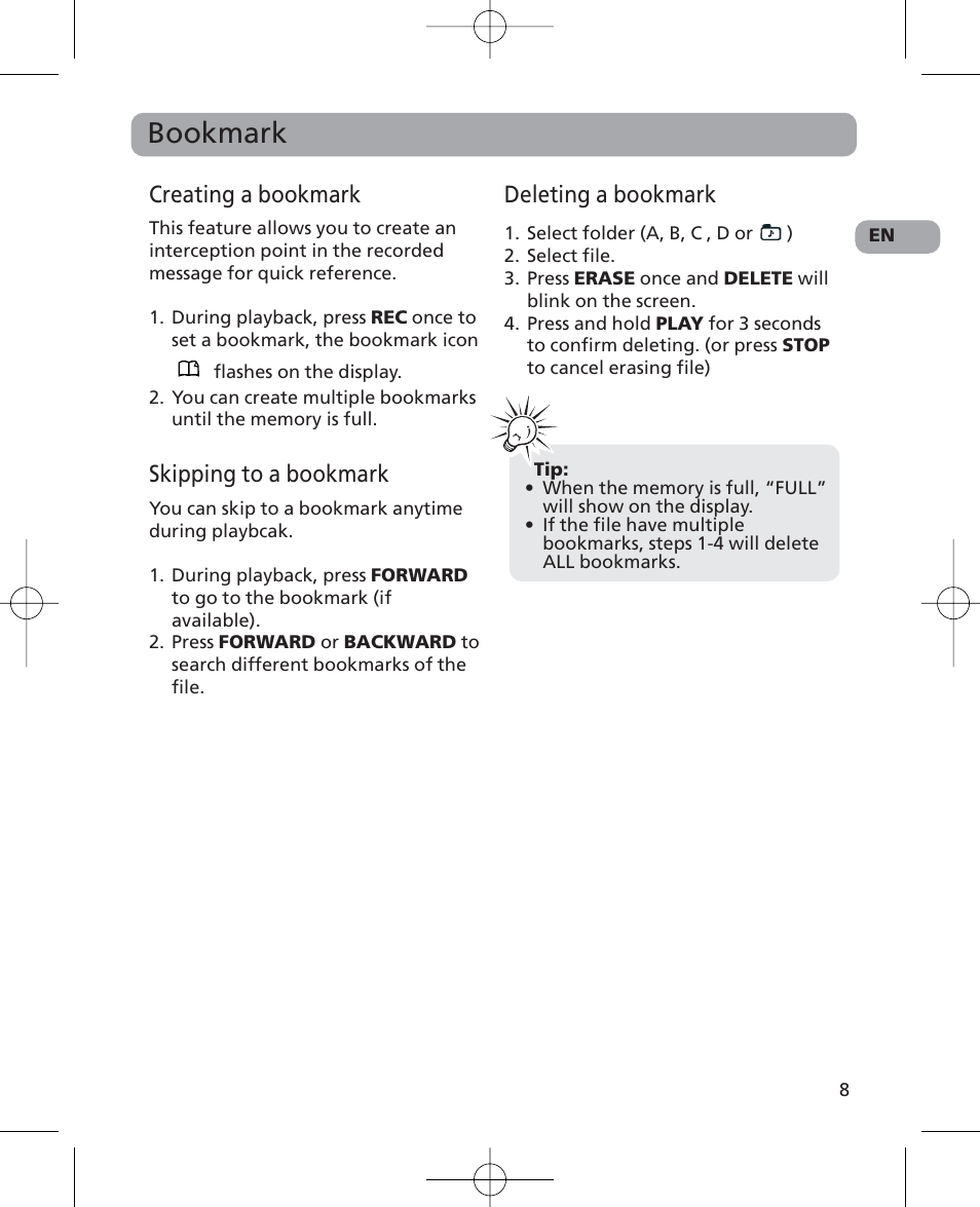 Bookmark, Creating a bookmark, Skipping to a bookmark | Deleting a bookmark | RCA 5629403B User Manual | Page 12 / 25