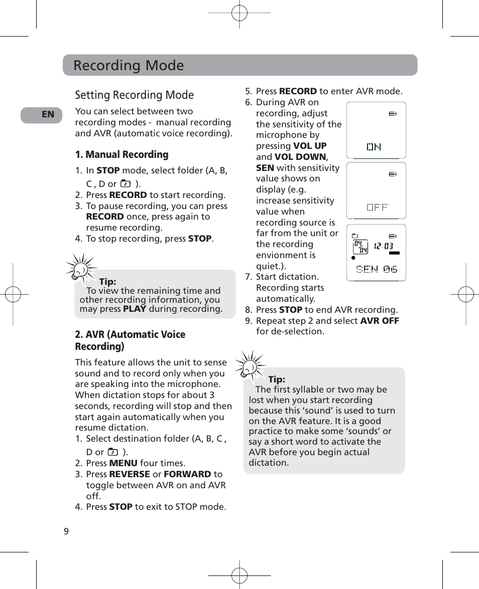 Recording mode, Setting recording mode, Manual recording | Avr (automatic voice recording) | RCA 5629403B User Manual | Page 13 / 25