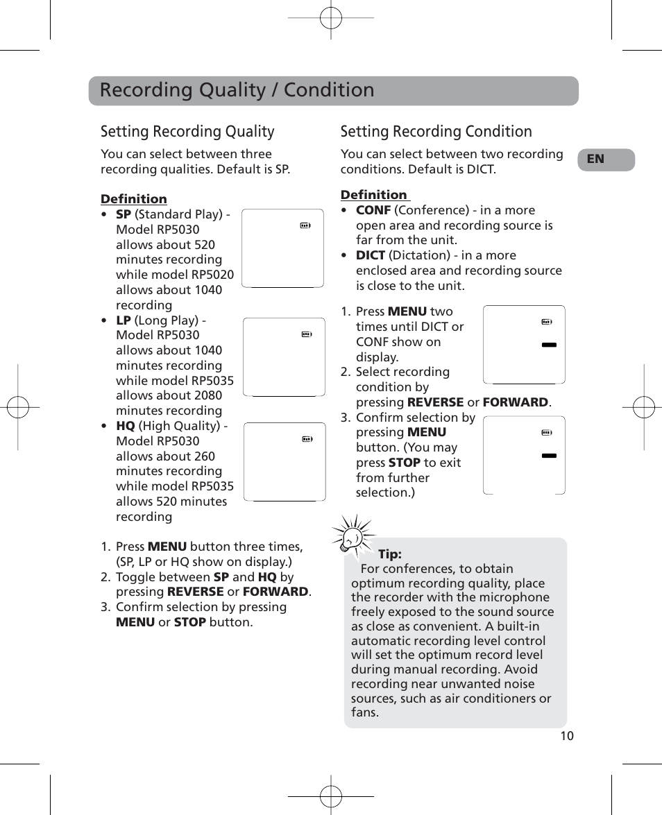 Recording quality / condition, Setting recording quality, Setting recording condition | RCA 5629403B User Manual | Page 14 / 25