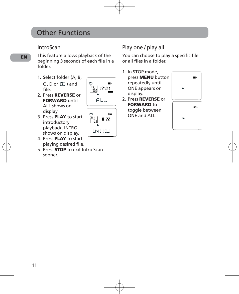 Other functions, Introscan, Play one / play all | En 11 | RCA 5629403B User Manual | Page 15 / 25