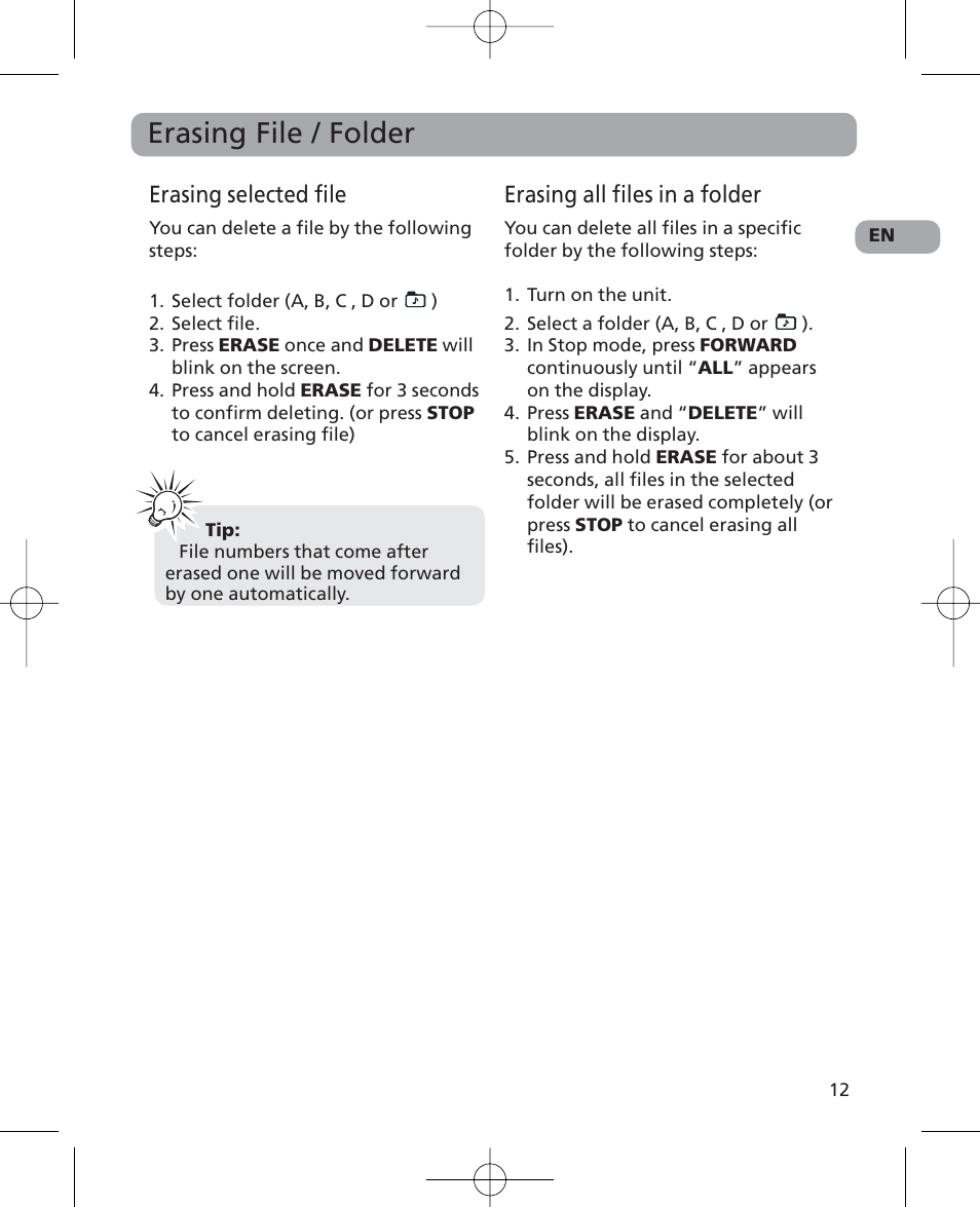 Erasing file / folder, Erasing selected file, Erasing all files in a folder | RCA 5629403B User Manual | Page 16 / 25