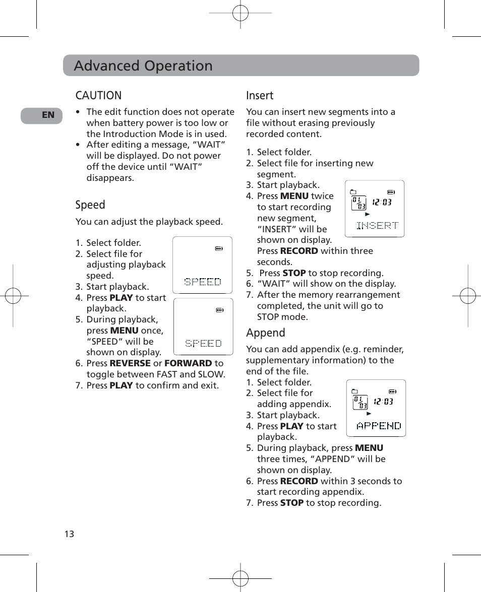 Advanced operation, Caution, Speed | Insert, Append | RCA 5629403B User Manual | Page 17 / 25