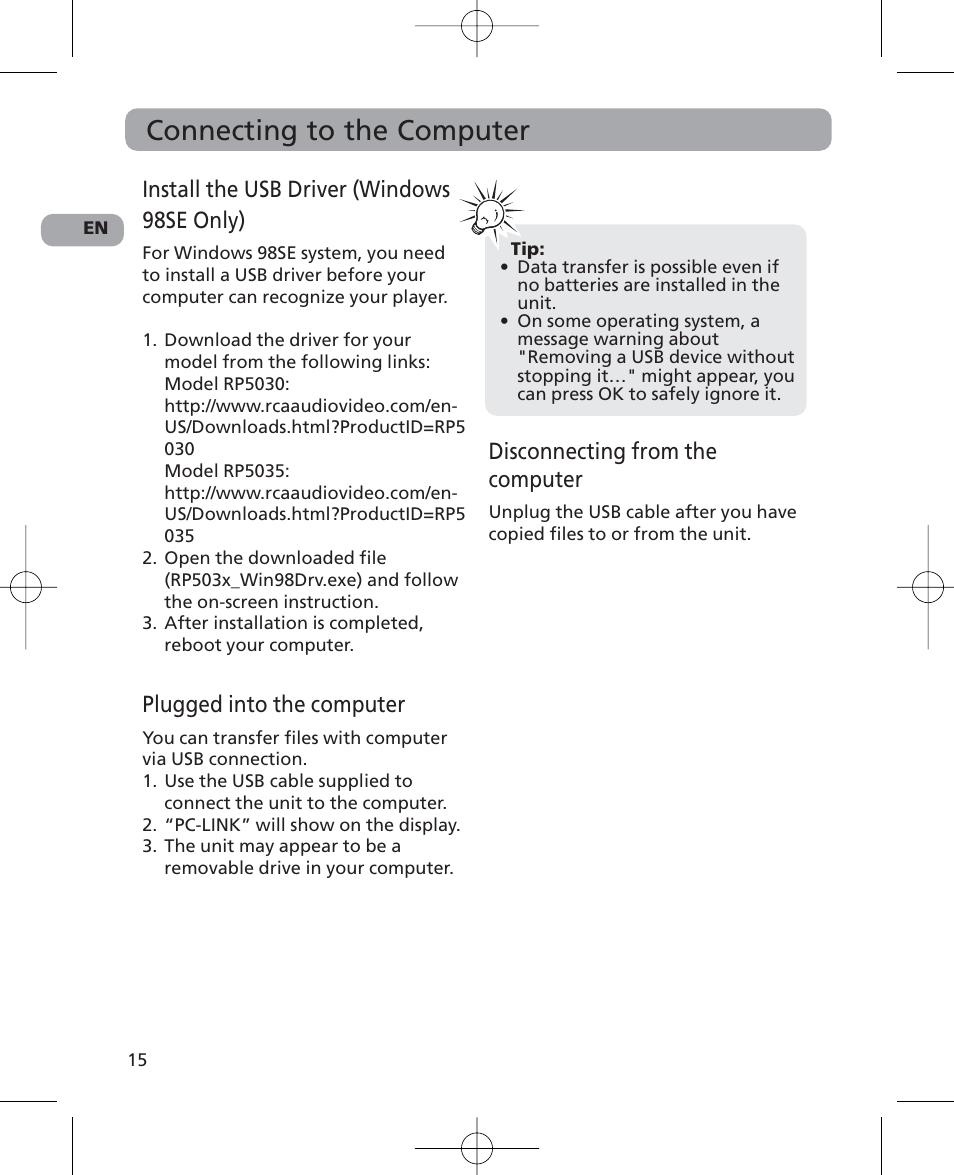 Connecting to the computer, Install the usb driver (windows 98se only), Plugged into the computer | Disconnecting from the computer | RCA 5629403B User Manual | Page 19 / 25