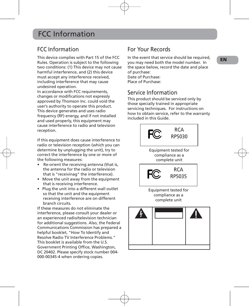 Fcc information, For your records, Service information | Rca rp5030, Rca rp5035 | RCA 5629403B User Manual | Page 2 / 25