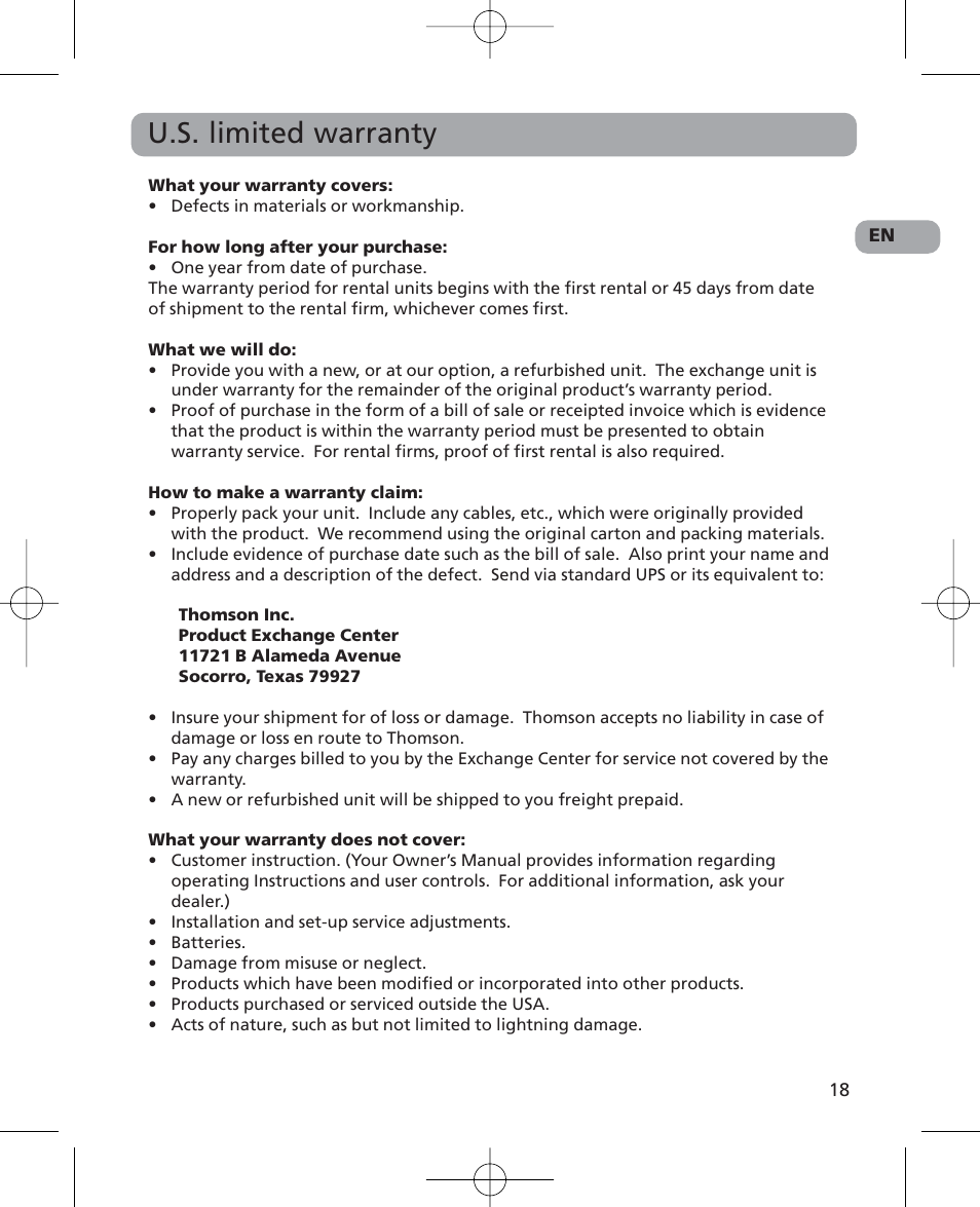 U.s. limited warranty | RCA 5629403B User Manual | Page 22 / 25