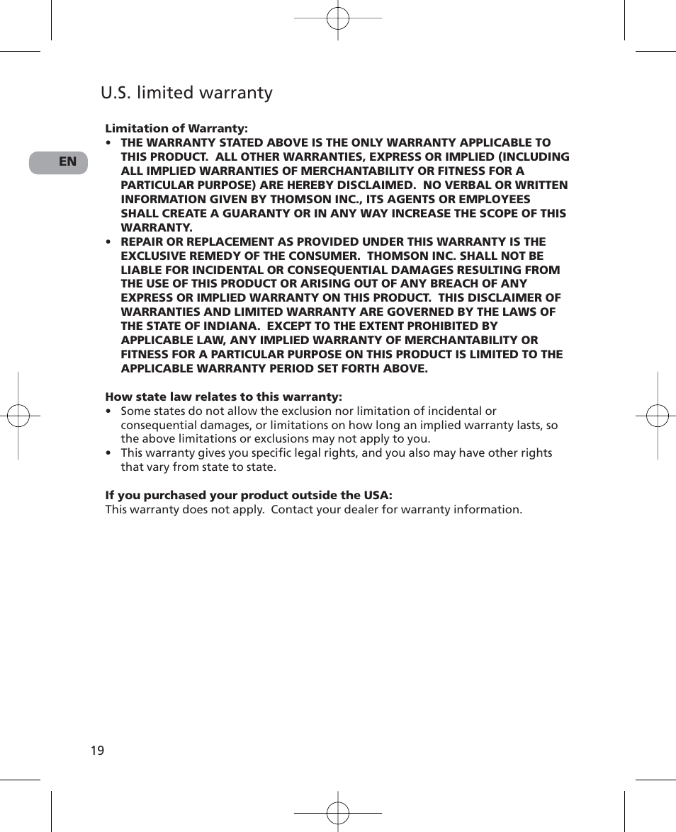 U.s. limited warranty | RCA 5629403B User Manual | Page 23 / 25