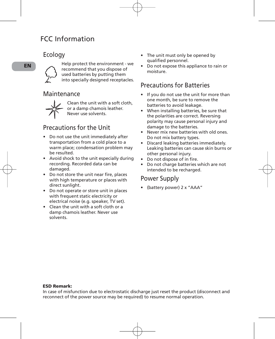 Fcc information, Ecology, Maintenance | Precautions for the unit, Precautions for batteries, Power supply | RCA 5629403B User Manual | Page 3 / 25