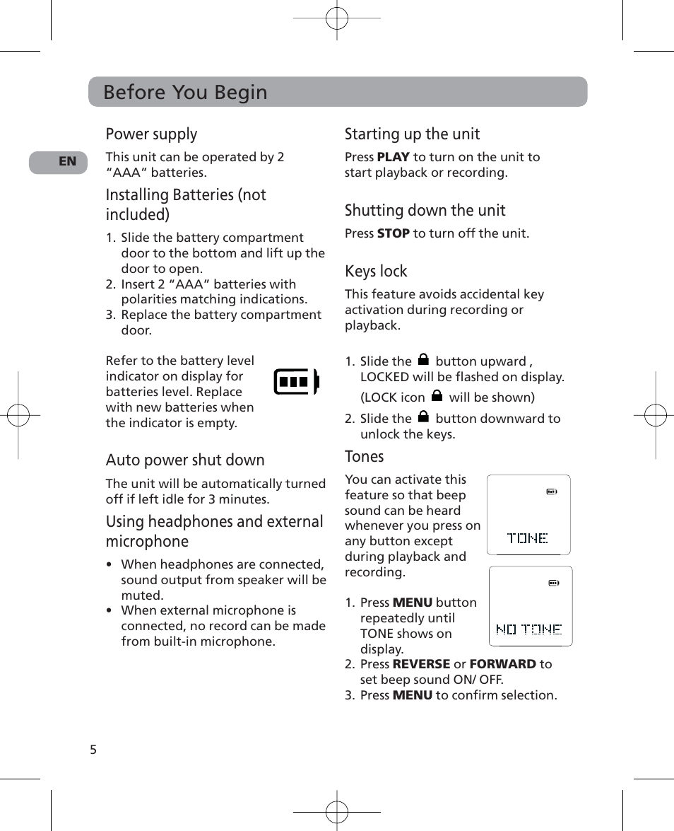 Before you begin, Power supply, Installing batteries (not included) | Auto power shut down, Using headphones and external microphone, Starting up the unit, Shutting down the unit, Keys lock, Tones | RCA 5629403B User Manual | Page 9 / 25