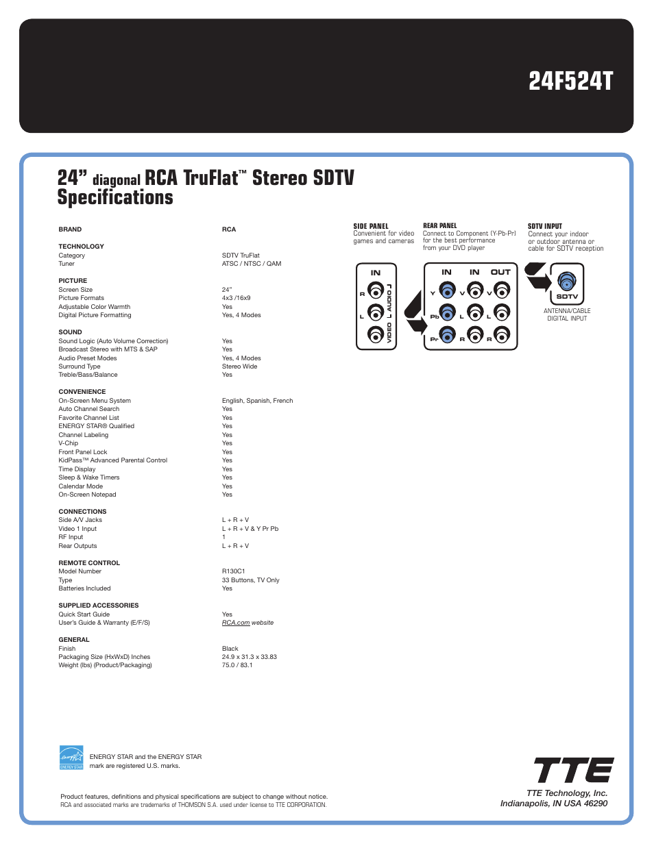 Rca truflat, Stereo sdtv specifications, Diagonal | RCA 24F524T User Manual | Page 2 / 2