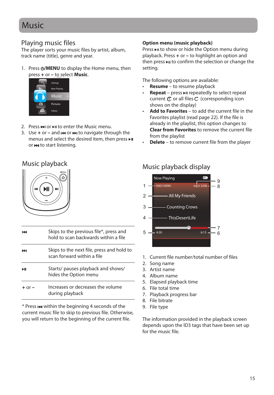 Music, Playing music files, Music playback | Music playback display, Music playback music playback display | RCA m4204 User Manual | Page 15 / 29