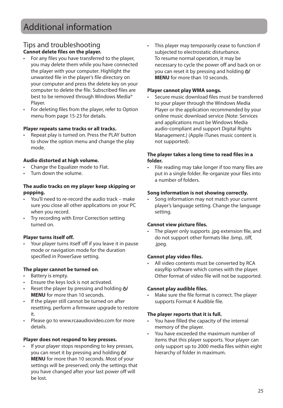 Additional information, Tips and troubleshooting | RCA m4204 User Manual | Page 25 / 29