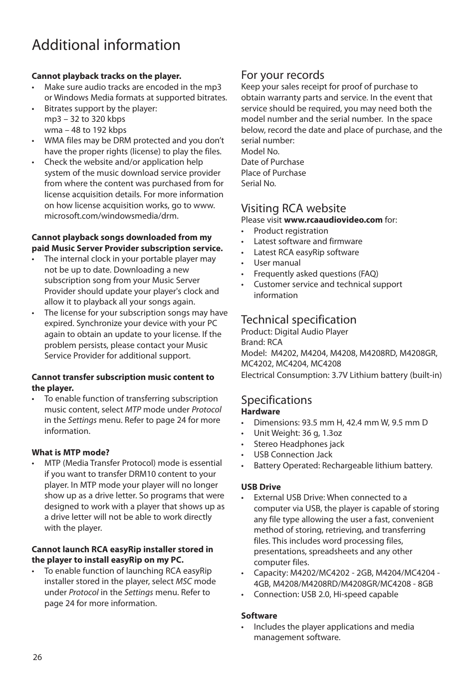 For your records, Visiting rca website, Technical specification | Specifications, Additional information | RCA m4204 User Manual | Page 26 / 29