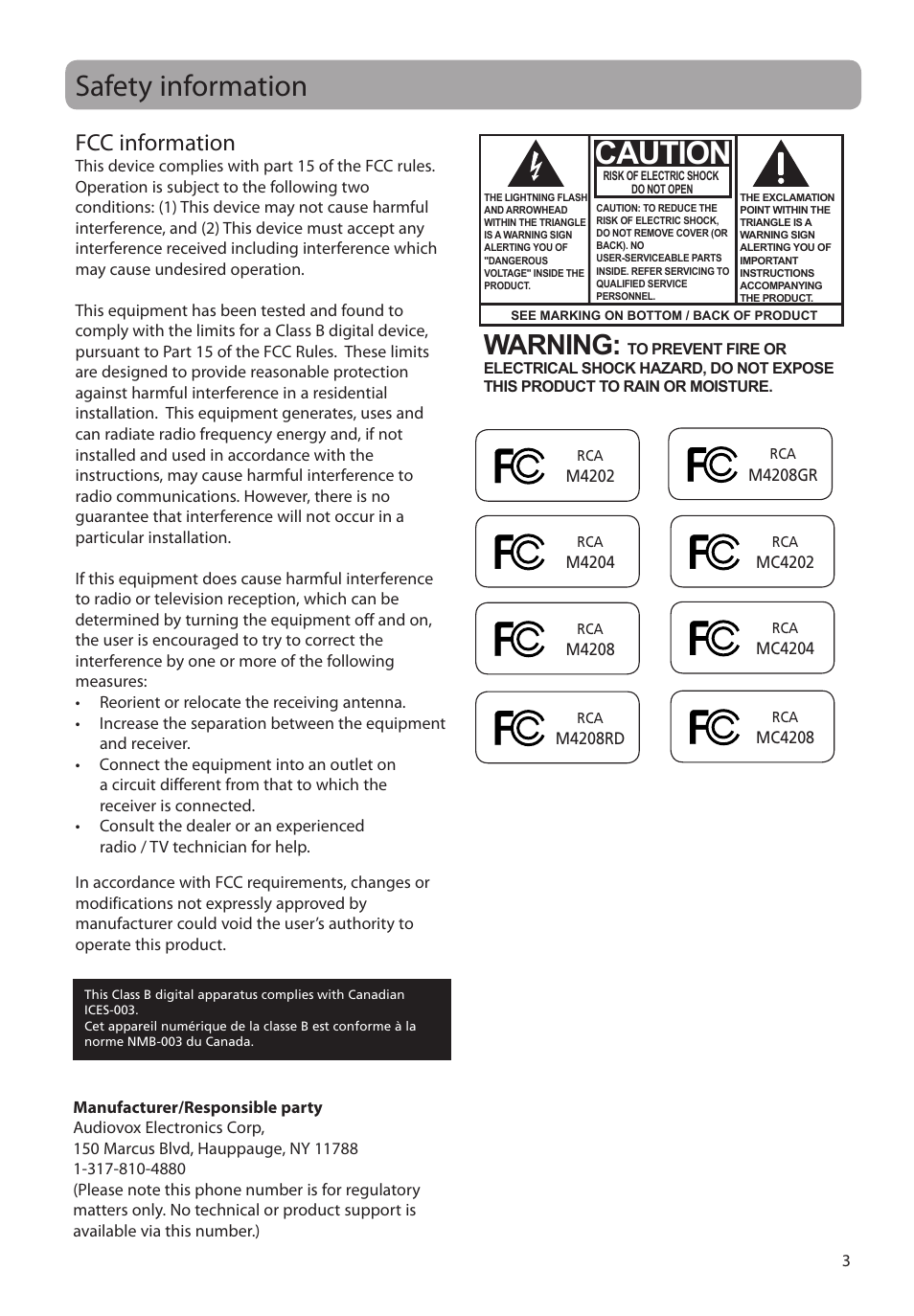 Safety information, Fcc information, Caution | Warning | RCA m4204 User Manual | Page 3 / 29